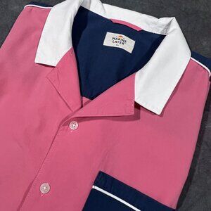 Marine Layer Mens M Pink Blue Embroidered Colorblock Resort Beach Bowling Shirt